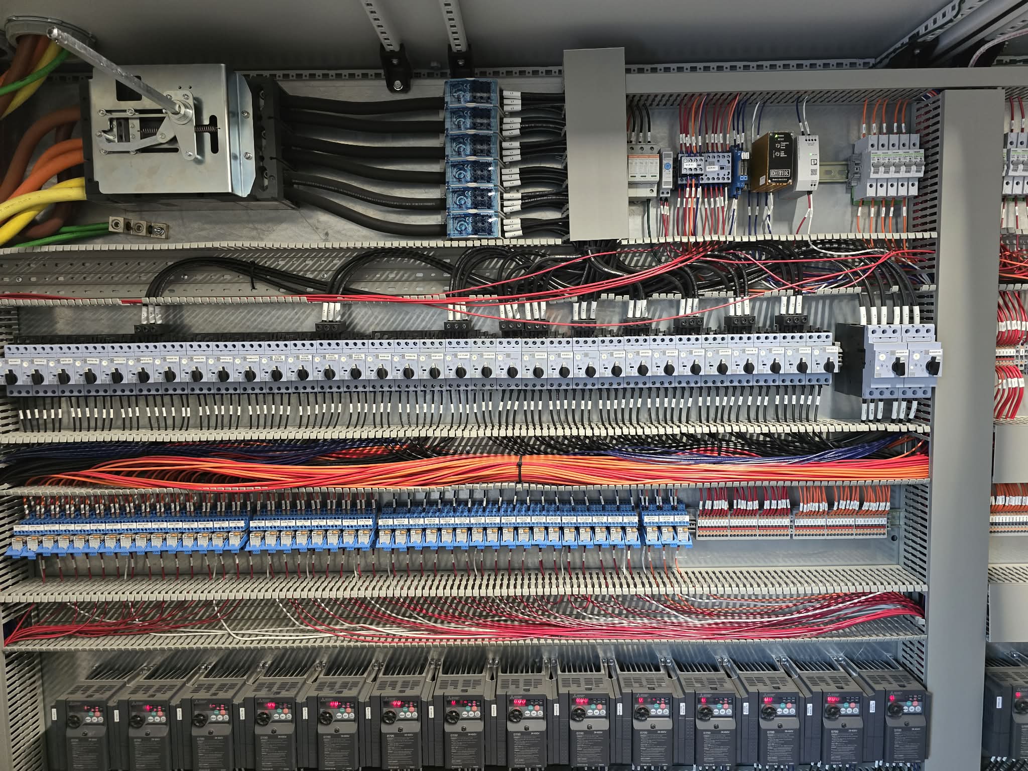 Car wash control panel with organized breakers and wiring